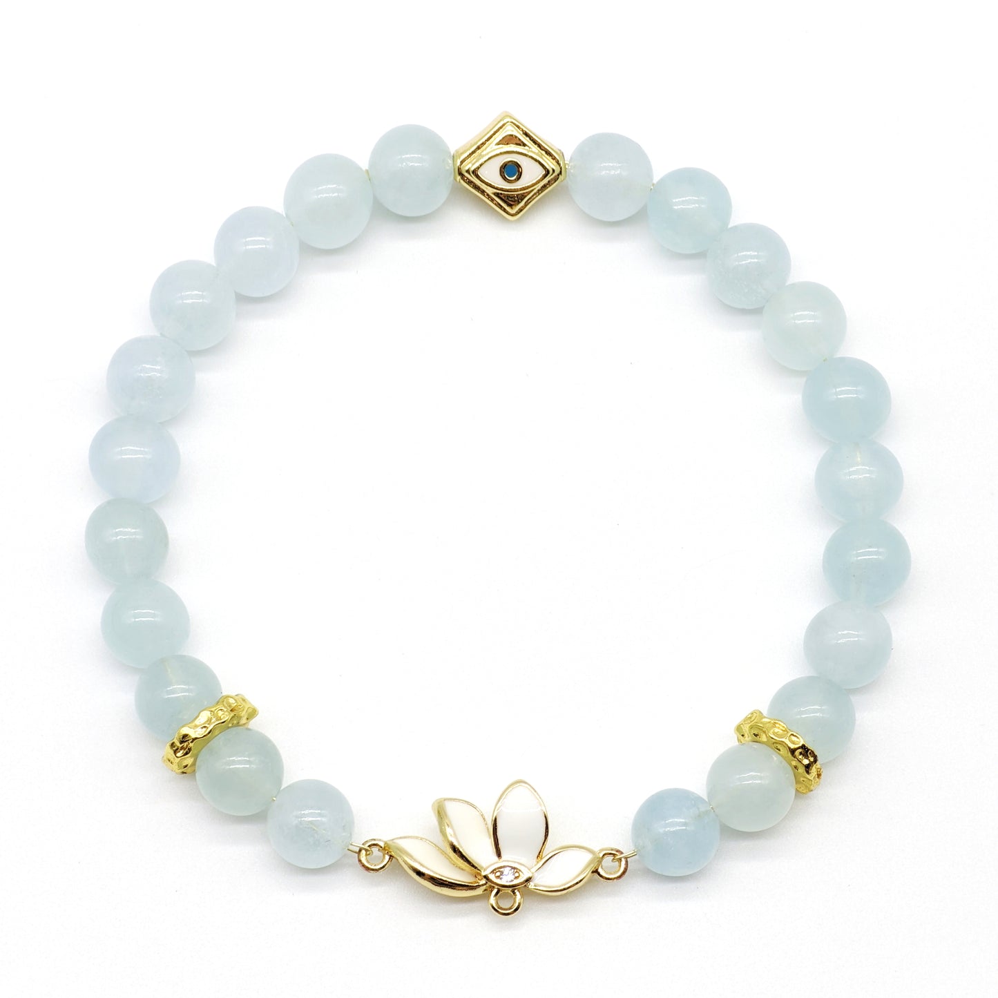 #2001 Luck & Harmony - Lotus and Evil Eye Aquamarine Bracelet