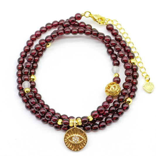 #3004 Protection & Balance - 3 Rows Evil Eye Garnet Bracelet