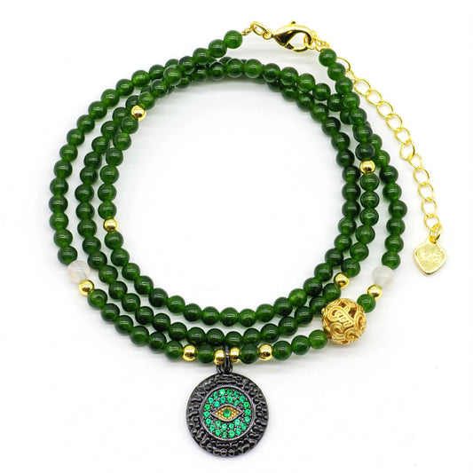 #3003 Wisdom & Healing -3 Rows Evil Eye Jade Bracelet